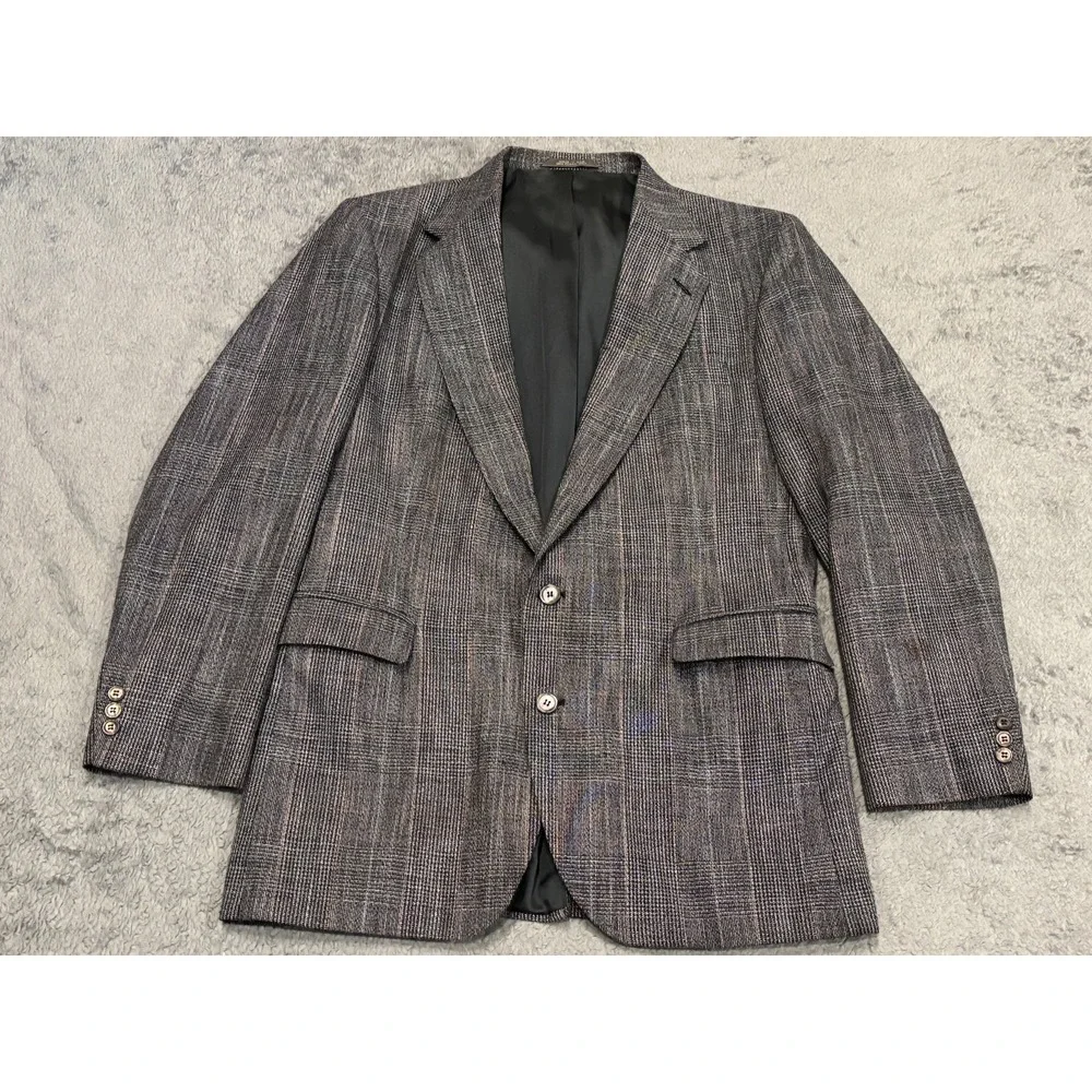 Haggar Imperial Sport Coat Blazer Mens 44 Gray Plaid Wool Tweed Suit Jacket